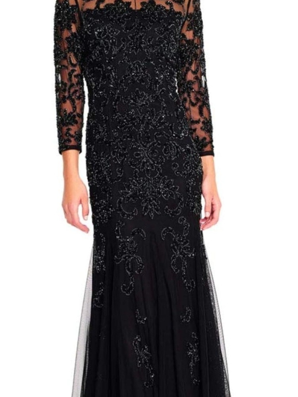 Adrianna Papell Black Beaded Long-Sleeve Evening Gown